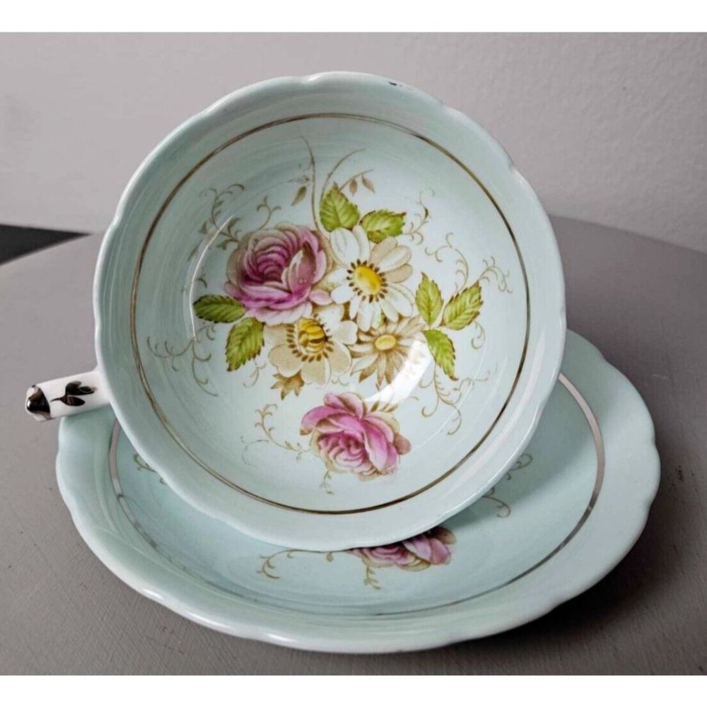 Rare Paragon Aqua Blue/Green Tea Cup and Saucer, Pink Roses, 1930s